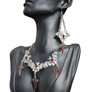 GOTHIC Style Silver Metallic and  Red Droplet Bat and Cross Earrings & Necklace